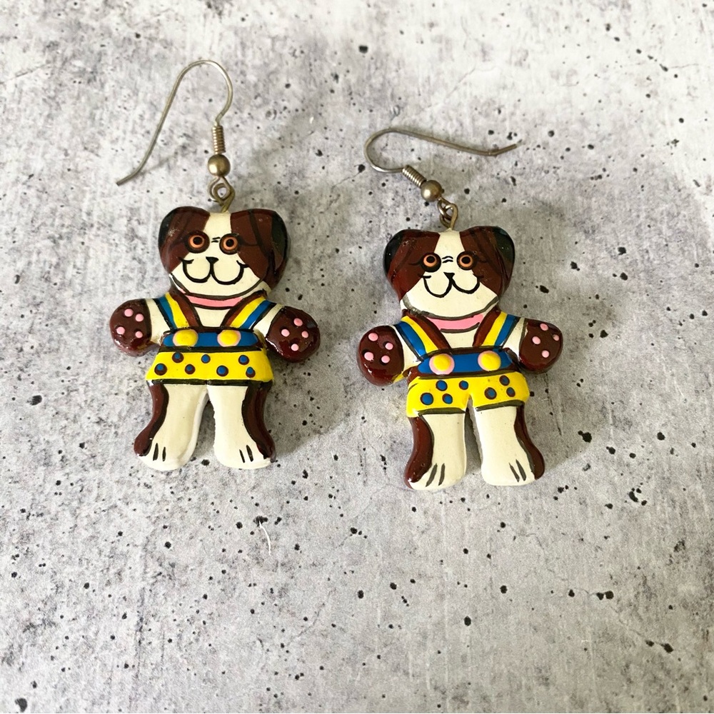Vintage Stefano Bali Dog Earrings Hand Carved Wood Artisan Cute Kitsch